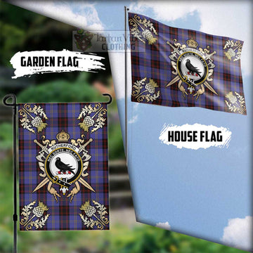 Rutherford Tartan Flag with Family Crest and Golden Thistle Crossed Sword Design