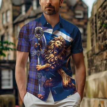 Rutherford Tartan Family Crest Short Sleeve Button Shirt with Scottish Majestic Lion