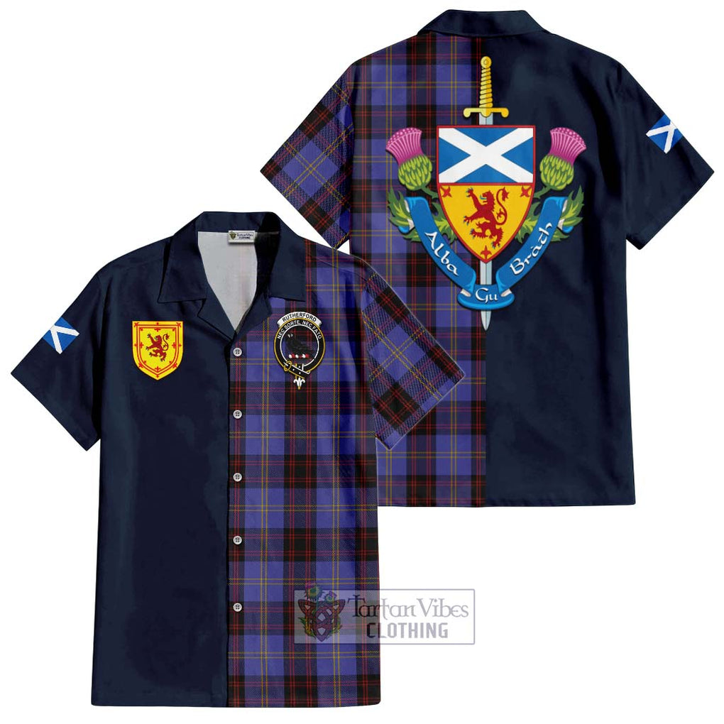 Tartan Vibes Clothing Rutherford Tartan Short Sleeve Button Shirt with Scottish Lion Royal Arm Half Style