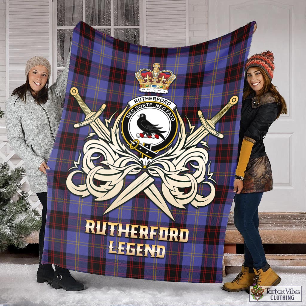 Tartan Vibes Clothing Rutherford Tartan Blanket with Clan Crest and the Golden Sword of Courageous Legacy