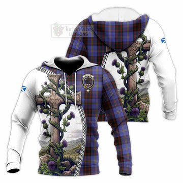 Rutherford Tartan Knitted Hoodie with Family Crest and St. Andrew's Cross Accented by Thistle Vines