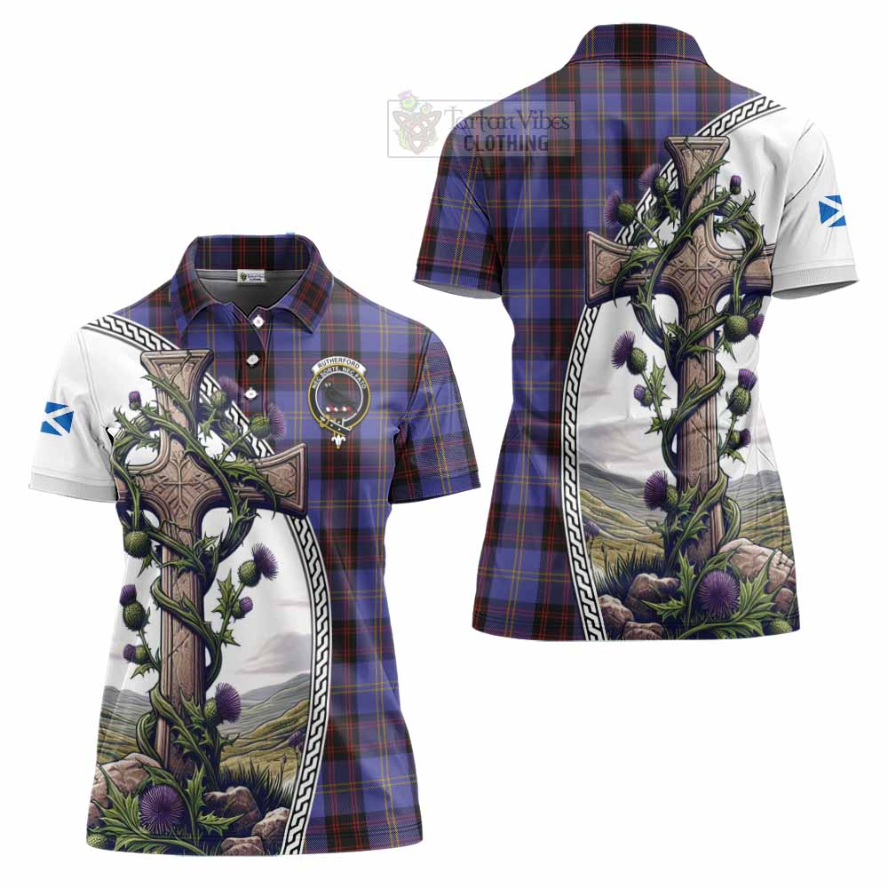 Tartan Vibes Clothing Rutherford Tartan Women's Polo Shirt with Family Crest and St. Andrew's Cross Accented by Thistle Vines