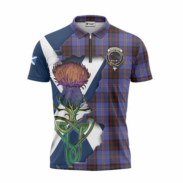 Rutherford Tartan Family Crest Zipper Polo Shirt Scottish Thistle Celtic Inspired Unisex - Tartan Vibes Clothing