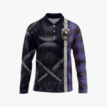 Rutherford Tartan Long Sleeve Polo Shirt with Family Crest Cross Sword Thistle Celtic Vibes