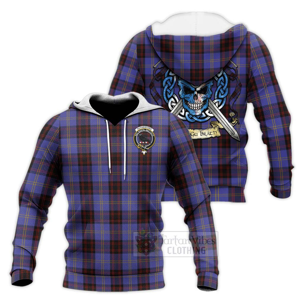 Tartan Vibes Clothing Rutherford Tartan Knitted Hoodie with Family Crest Celtic Skull Style