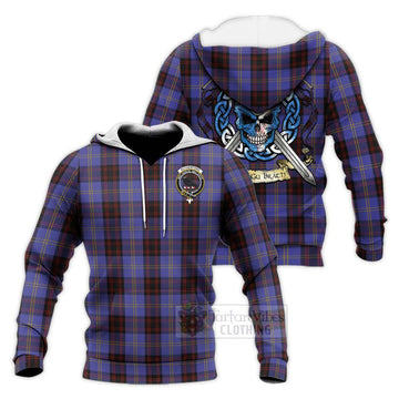 Rutherford Tartan Knitted Hoodie with Family Crest Celtic Skull Style