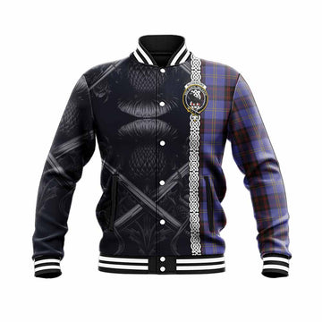 Rutherford Tartan Baseball Jacket with Family Crest Cross Sword Thistle Celtic Vibes