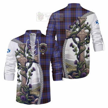 Rutherford Tartan Ghillie Kilt Shirt with Family Crest and St. Andrew's Cross Accented by Thistle Vines