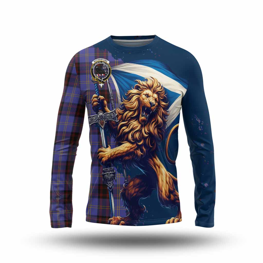 Tartan Vibes Clothing Rutherford Tartan Family Crest Long Sleeve T-Shirt with Scottish Majestic Lion