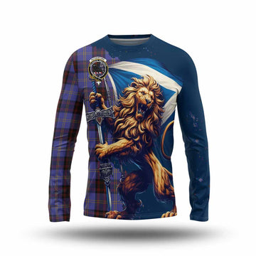 Rutherford Tartan Family Crest Long Sleeve T-Shirt with Scottish Majestic Lion