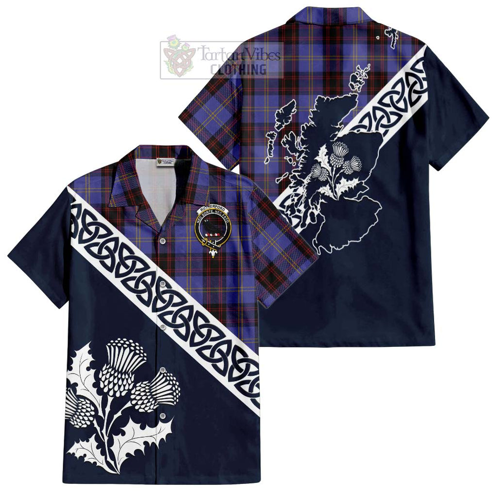 Tartan Vibes Clothing Rutherford Tartan Short Sleeve Button Shirt Featuring Thistle and Scotland Map