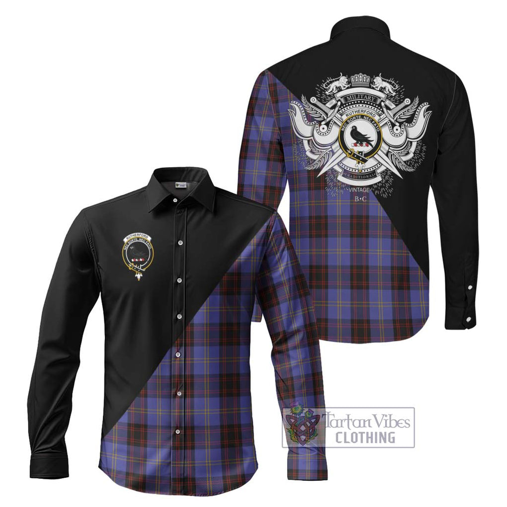 Rutherford Tartan Long Sleeve Button Shirt with Family Crest and Military Logo Style Men's Shirt S - Tartan Vibes Clothing