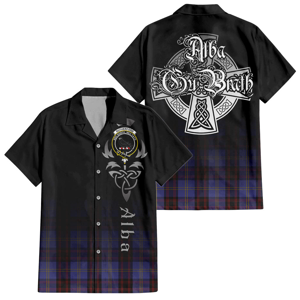 Tartan Vibes Clothing Rutherford Tartan Short Sleeve Button Up Featuring Alba Gu Brath Family Crest Celtic Inspired