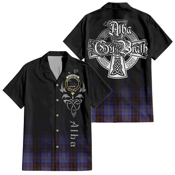 Rutherford Tartan Short Sleeve Button Up Shirt Featuring Alba Gu Brath Family Crest Celtic Inspired