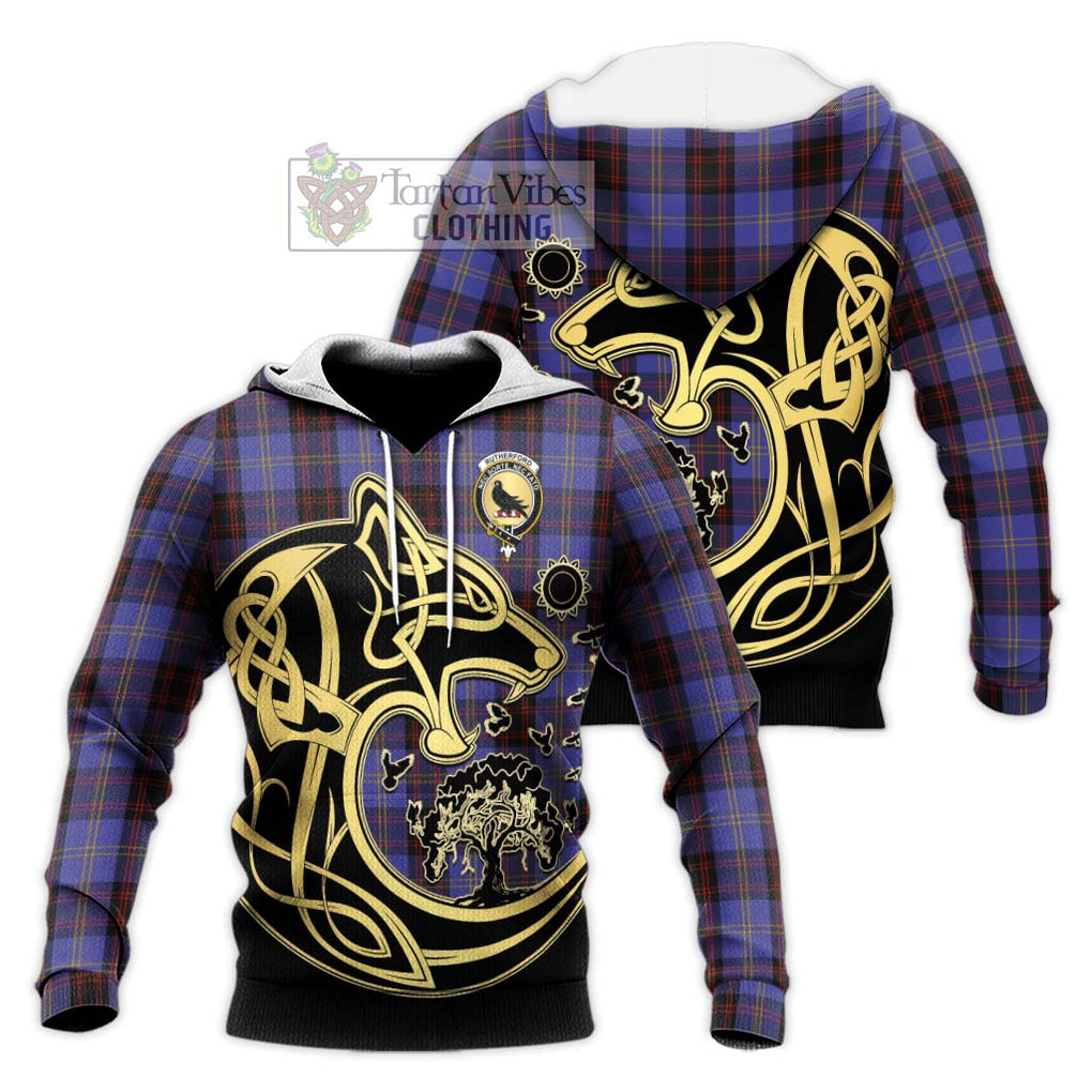 Rutherford Tartan Knitted Hoodie with Family Crest Celtic Wolf Style Unisex Knitted Pullover Hoodie - Tartan Vibes Clothing