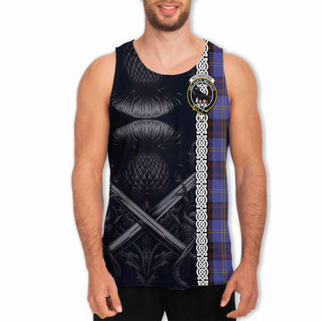 Rutherford Tartan Men's Tank Top with Family Crest Cross Sword Thistle Celtic Vibes