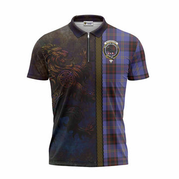 Rutherford Tartan Family Crest Zipper Polo Shirt Alba Gu Brath Be Brave Lion Ancient Style Unisex - Tartan Vibes Clothing