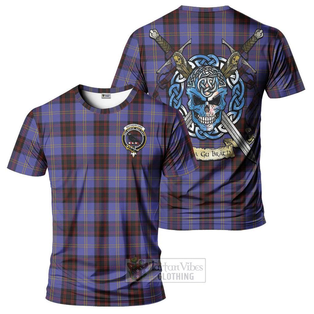 Tartan Vibes Clothing Rutherford Tartan T-Shirt with Family Crest Celtic Skull Style