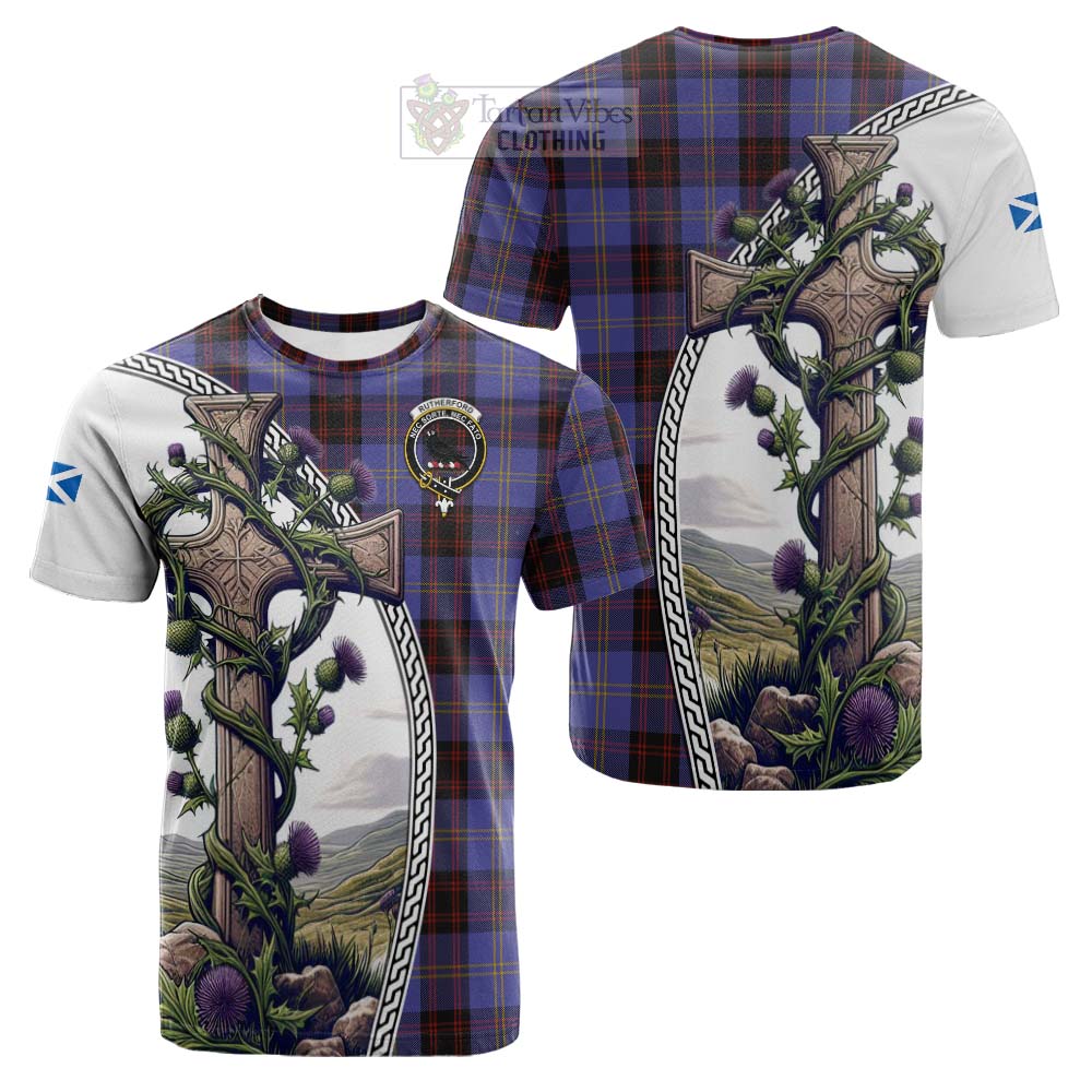 Tartan Vibes Clothing Rutherford Tartan Cotton T-shirt with Family Crest and St. Andrew's Cross Accented by Thistle Vines