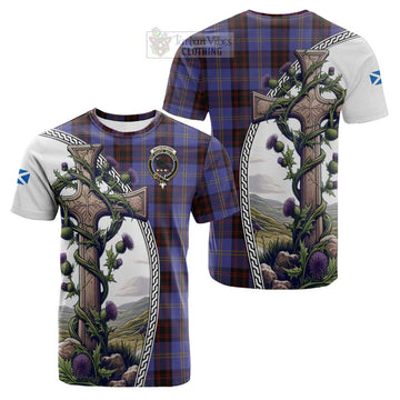 Rutherford Tartan Cotton T-shirt with Family Crest and St. Andrew's Cross Accented by Thistle Vines