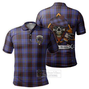 Rutherford Tartan Polo Shirt with Family Crest and Bearded Skull Holding Bottles of Whiskey