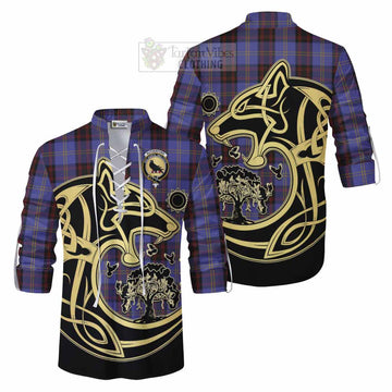 Rutherford Tartan Ghillie Kilt Shirt with Family Crest Celtic Wolf Style