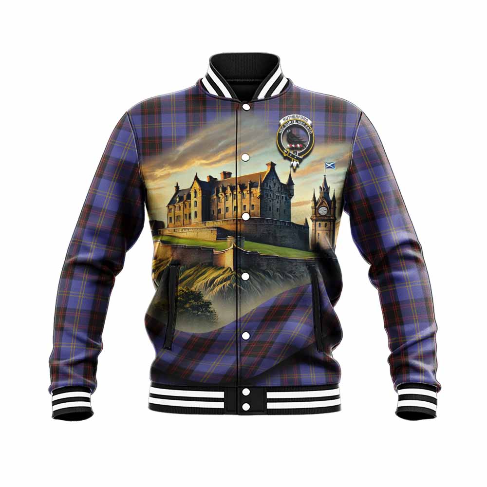Rutherford Tartan Family Crest Baseball Jacket with Scottish Ancient Castle Style Unisex - Tartan Vibes Clothing