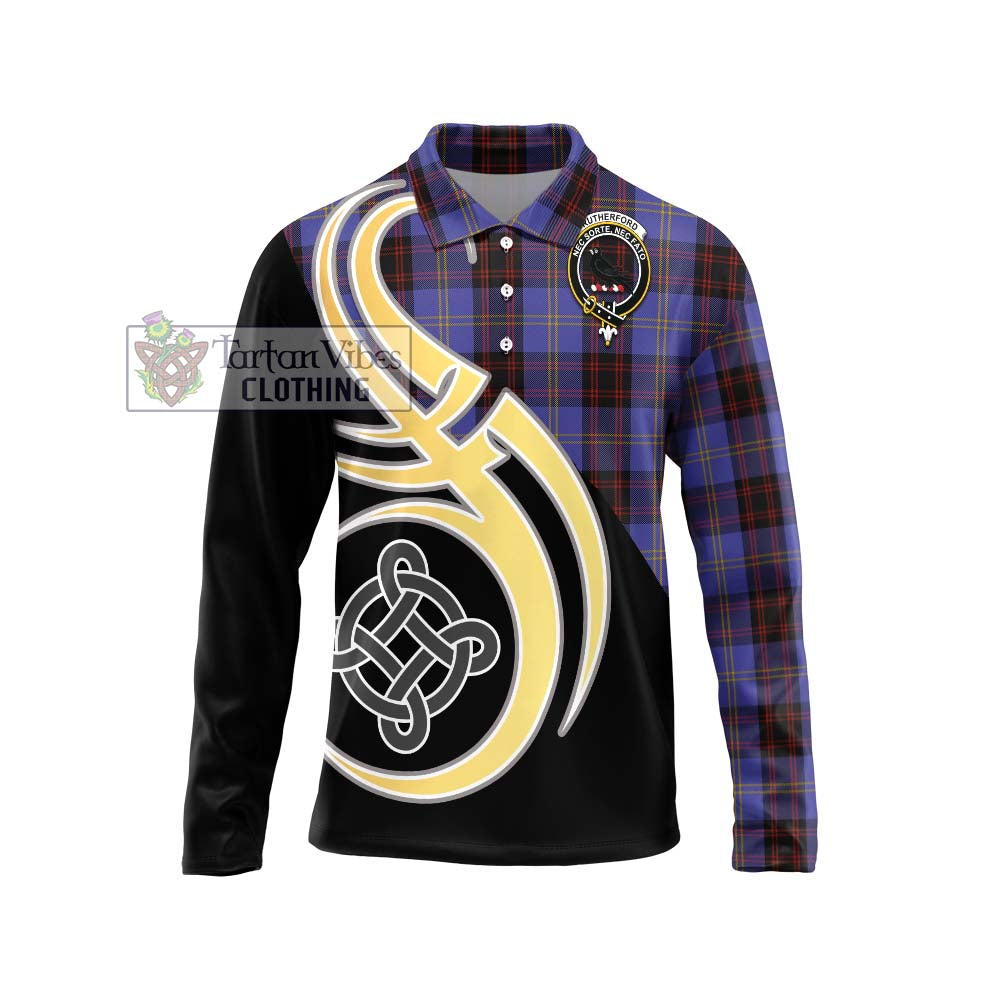 Rutherford Tartan Long Sleeve Polo Shirt with Family Crest and Celtic Symbol Style Unisex - Tartan Vibes Clothing