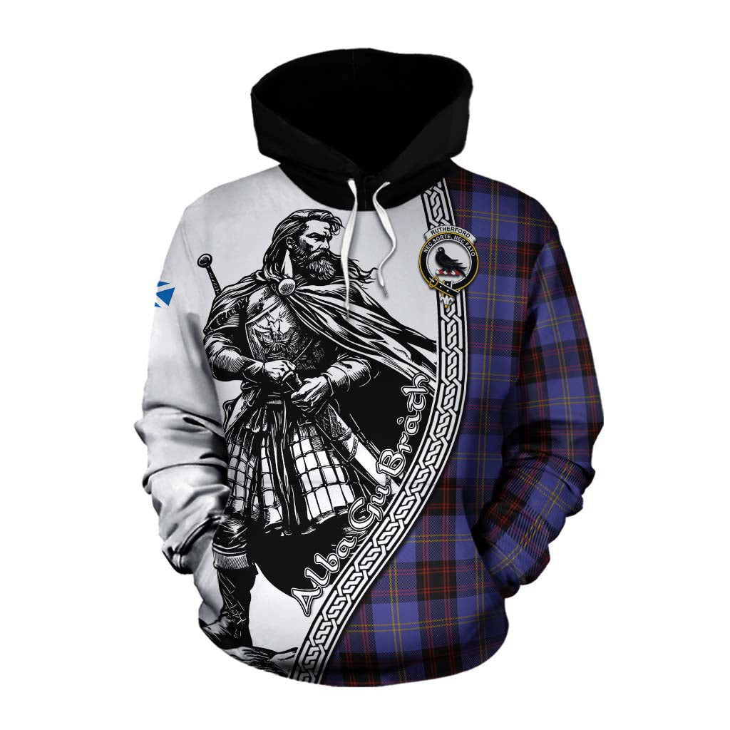 Tartan Vibes Clothing Rutherford Tartan Clan Crest Cotton Hoodie with Highlander Warrior Celtic Style