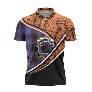 Rutherford Crest Tartan Zipper Polo Shirt with Polynesian Vibes Style - Orange Version