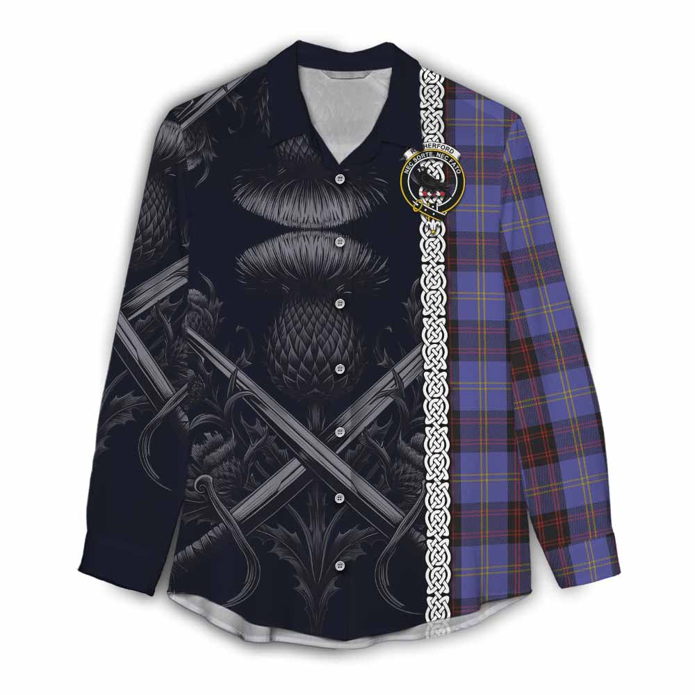 Tartan Vibes Clothing Rutherford Tartan Women's Casual Shirt with Family Crest Cross Sword Thistle Celtic Vibes