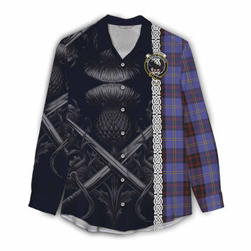 Rutherford Tartan Women's Casual Shirt with Family Crest Cross Sword Thistle Celtic Vibes