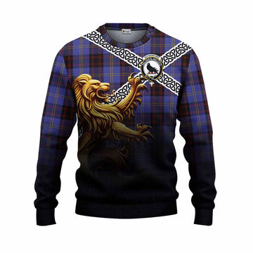 Rutherford Crest Tartan Knitted Sweater with Golden Lion Emblem Celtic Style Unisex - Tartan Vibes Clothing