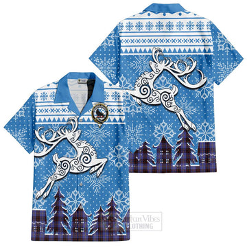 Rutherford Clan Christmas Short Sleeve Button Shirt Celtic Reindeer Style