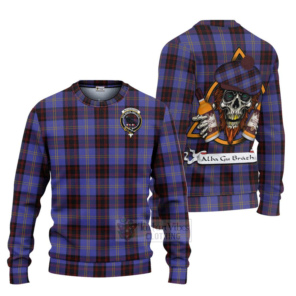 Tartan Vibes Clothing Rutherford Tartan Knitted Sweater with Family Crest and Bearded Skull Holding Bottles of Whiskey