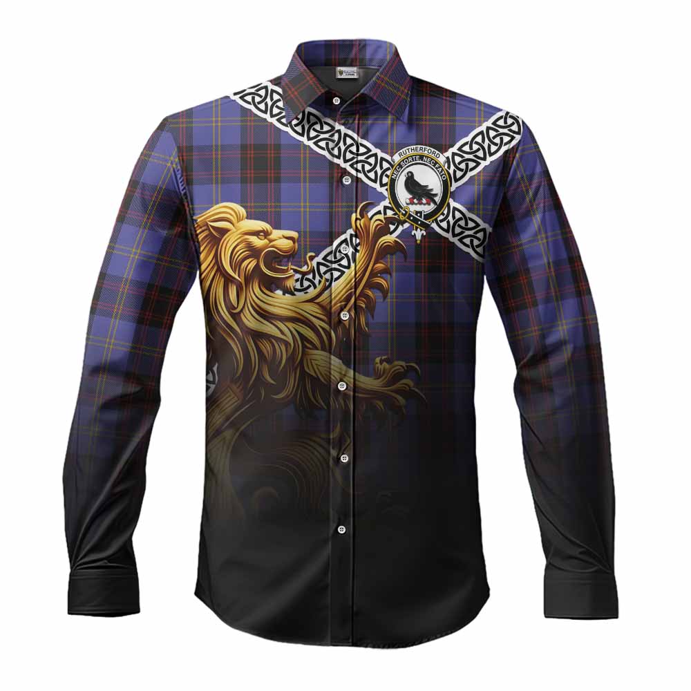 Rutherford Crest Tartan Long Sleeve Button Shirt with Golden Lion Emblem Celtic Style Men's Shirt S - Tartan Vibes Clothing