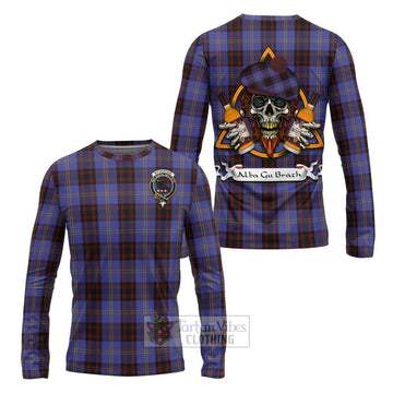 Rutherford Tartan Long Sleeve T-Shirt with Family Crest and Bearded Skull Holding Bottles of Whiskey