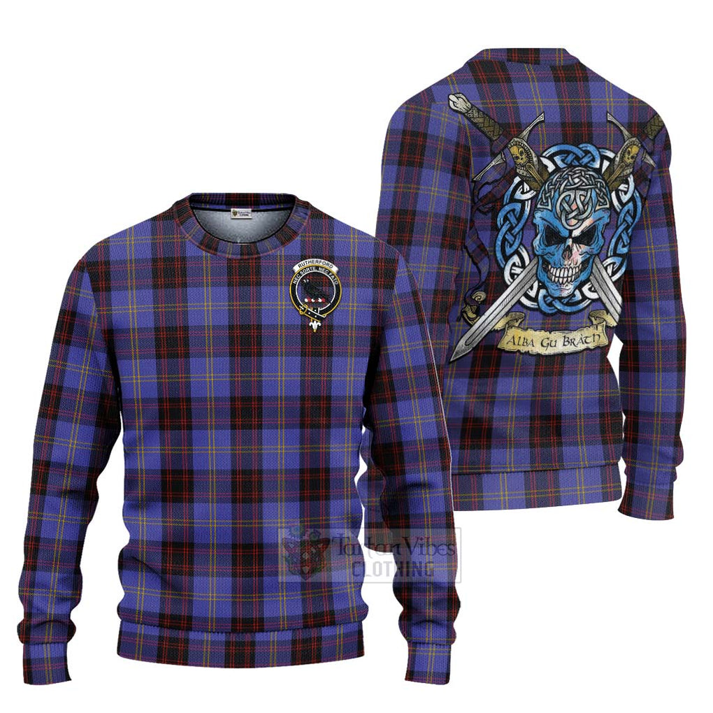 Tartan Vibes Clothing Rutherford Tartan Knitted Sweater with Family Crest Celtic Skull Style