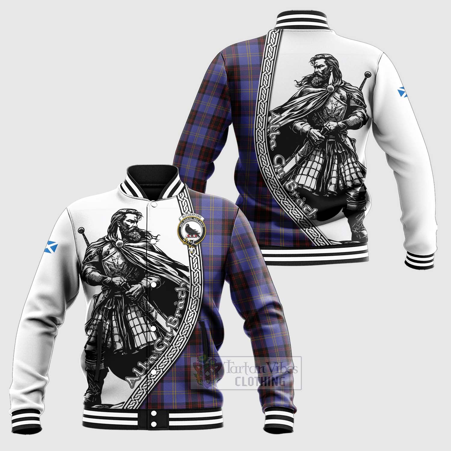 Tartan Vibes Clothing Rutherford Tartan Clan Crest Baseball Jacket with Highlander Warrior Celtic Style