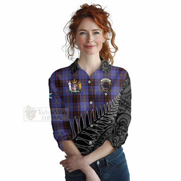 Rutherford Crest Tartan Women's Casual Shirt with New Zealand Silver Fern Half Style