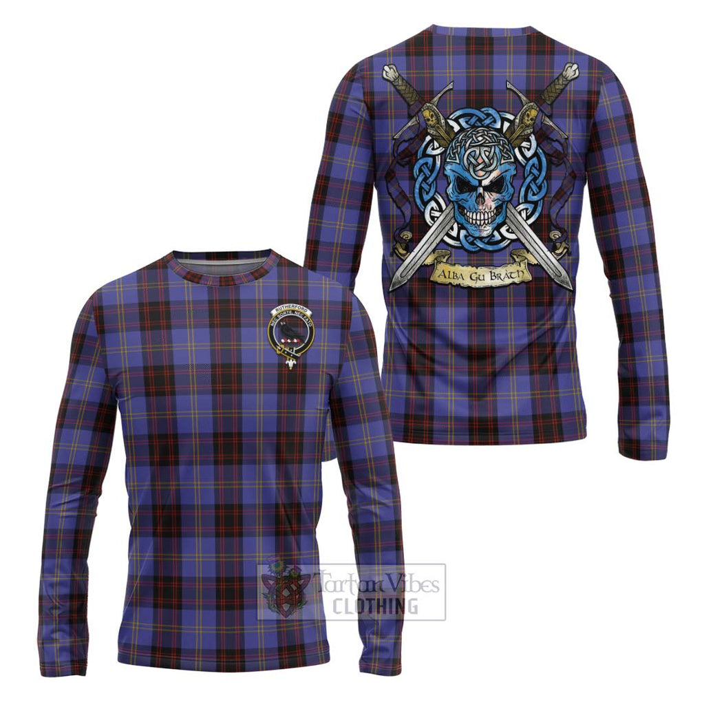 Tartan Vibes Clothing Rutherford Tartan Long Sleeve T-Shirt with Family Crest Celtic Skull Style