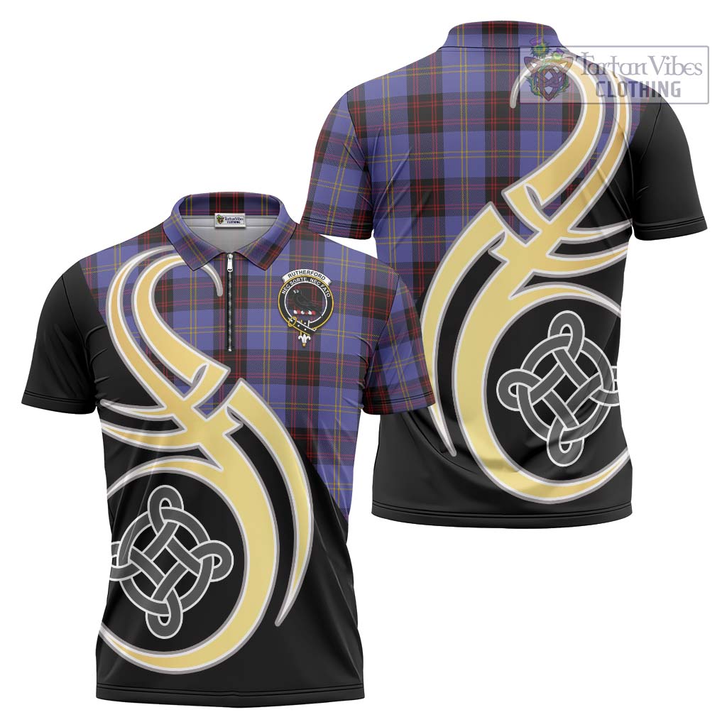 Tartan Vibes Clothing Rutherford Tartan Zipper Polo Shirt with Family Crest and Celtic Symbol Style