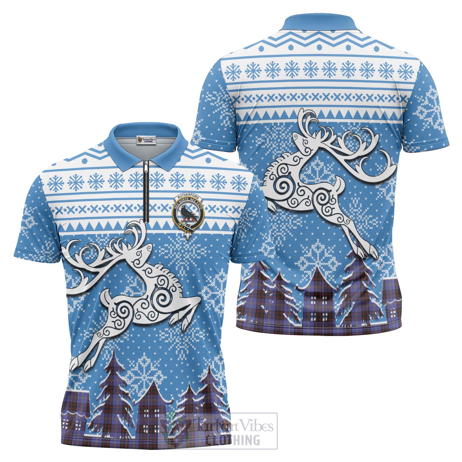 Tartan Vibes Clothing Rutherford Clan Christmas Zipper Polo Shirt Celtic Reindeer Style