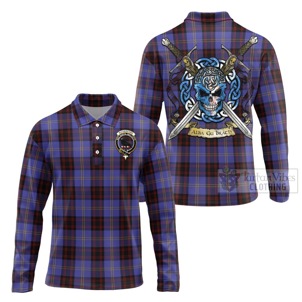 Tartan Vibes Clothing Rutherford Tartan Long Sleeve Polo Shirt with Family Crest Celtic Skull Style