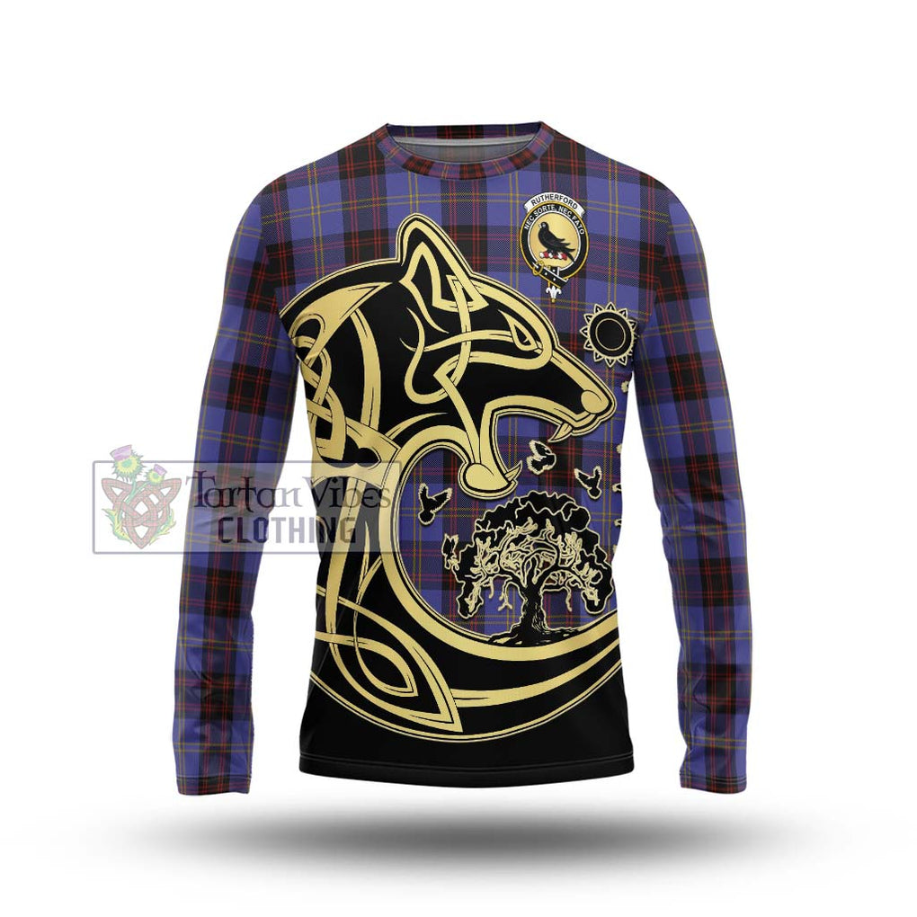 Rutherford Tartan Long Sleeve T-Shirt with Family Crest Celtic Wolf Style Unisex - Tartan Vibes Clothing