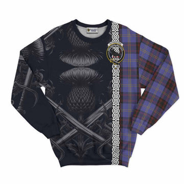 Rutherford Tartan Sweatshirt with Family Crest Cross Sword Thistle Celtic Vibes