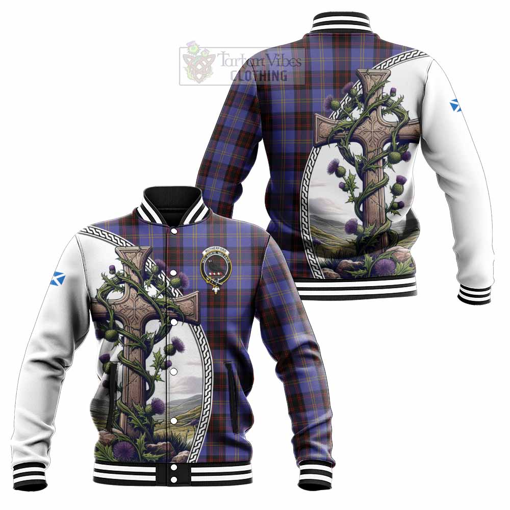 Tartan Vibes Clothing Rutherford Tartan Baseball Jacket with Family Crest and St. Andrew's Cross Accented by Thistle Vines