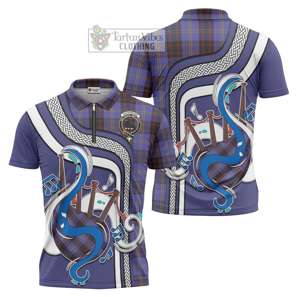 Rutherford Tartan Zipper Polo Shirt with Epic Bagpipe Style Unisex - Tartanvibesclothing Shop