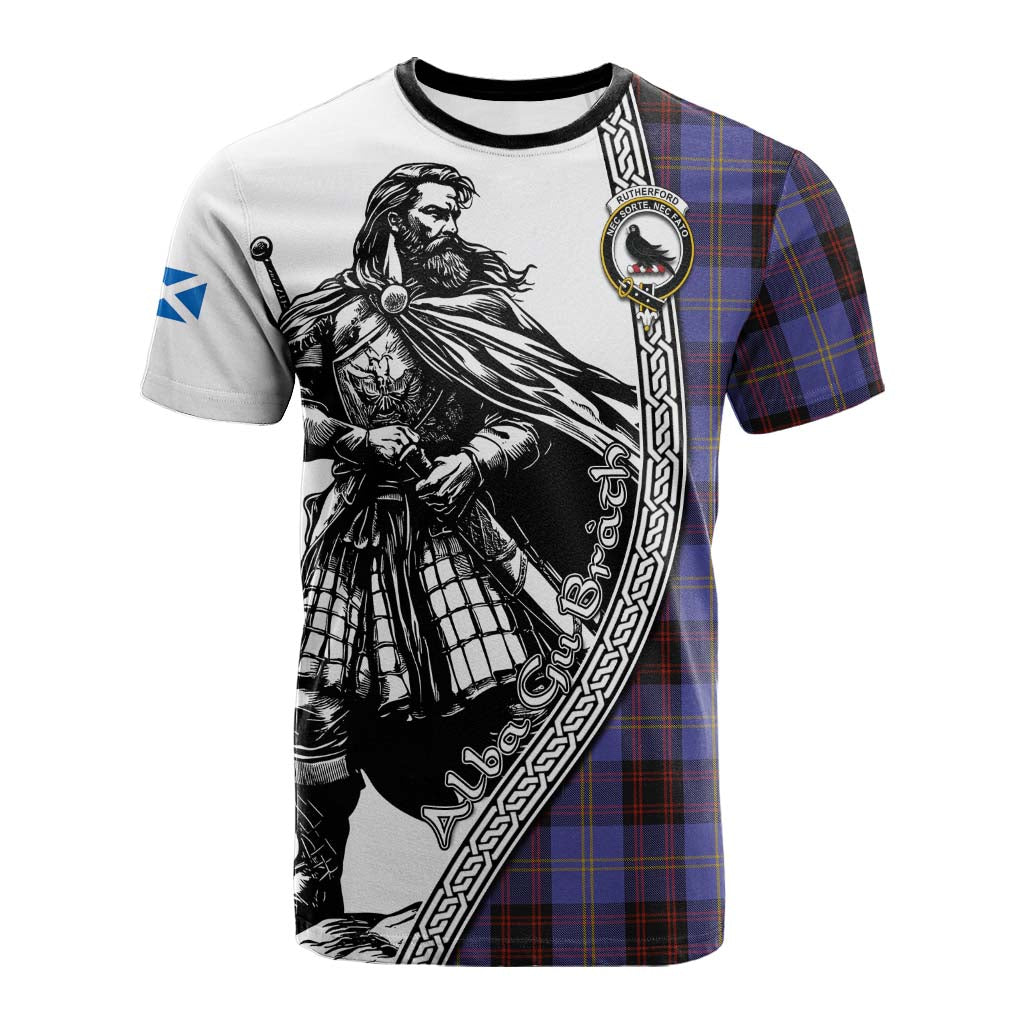 Rutherford Tartan Clan Crest Cotton T-shirt with Highlander Warrior Celtic Style