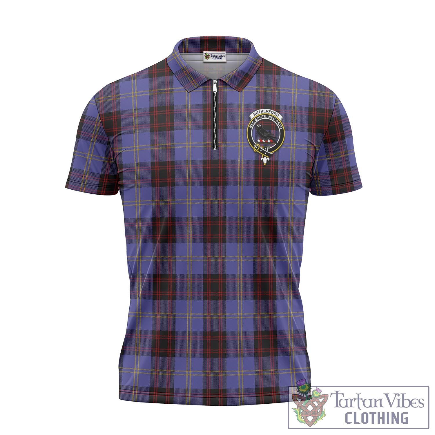 Tartan Vibes Clothing Rutherford Tartan Zipper Polo Shirt with Family Crest